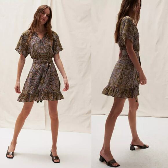 NWT Figue Cleo Silk Ruffle Neck Belted Mini Dress Medallion Multi Spruce Large - Picture 8 of 8